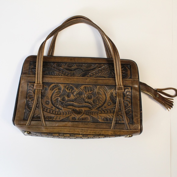 Hand carved tooled leather purse Aztec sun and flower designs genuine leather - Picture 3 of 10